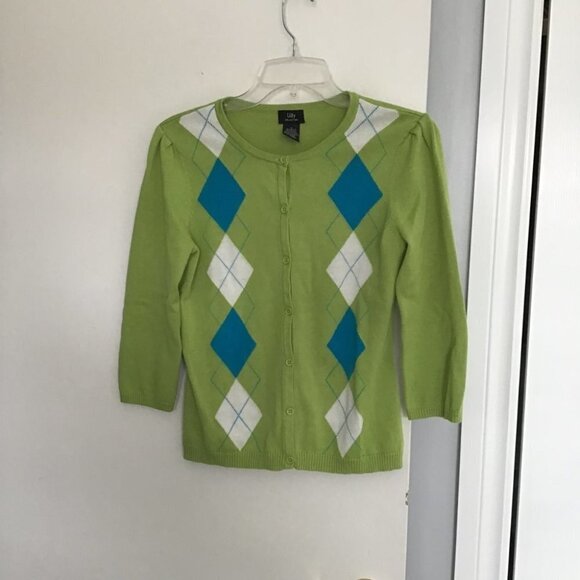 Lilly Collection Lime Green Argyle Cardigan Size S - Picture 1 of 7